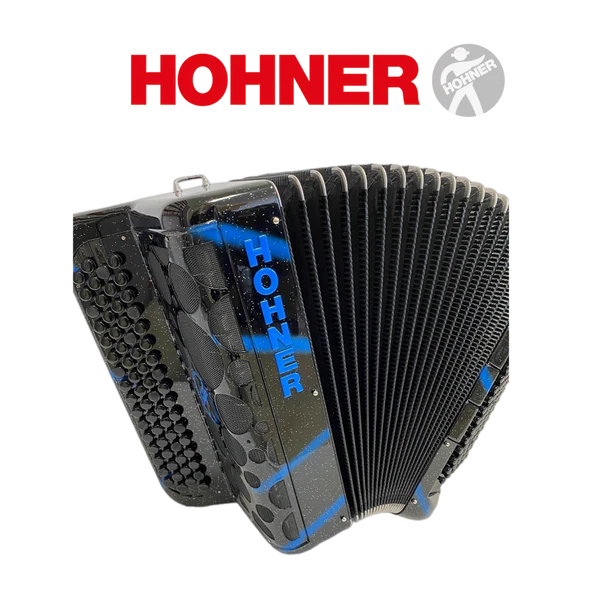 Accordéon chromatique hohner fun musette 96 à touche bouton couleur noir tag bleu